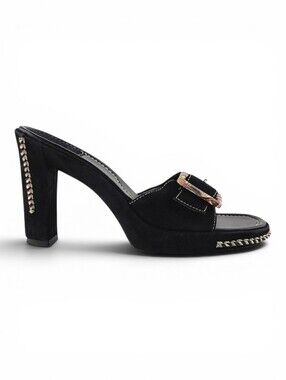 VS Tawnee Black Leather Suede Heel Mule Slide On Sandal Shoes White Stitch 6M